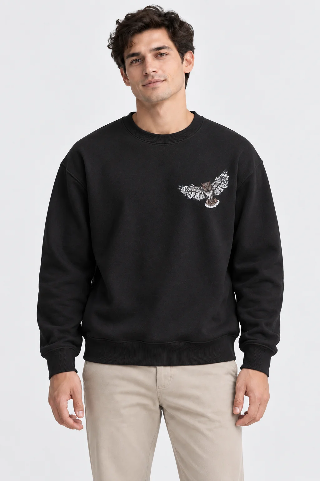 Baykuş Baskılı Siyah Sweatshirt