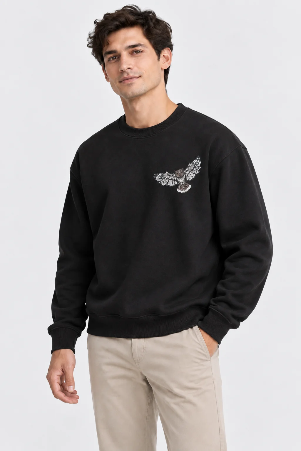 Baykuş Baskılı Siyah Sweatshirt
