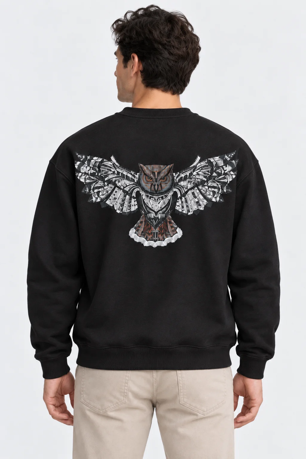 Baykuş Baskılı Siyah Sweatshirt