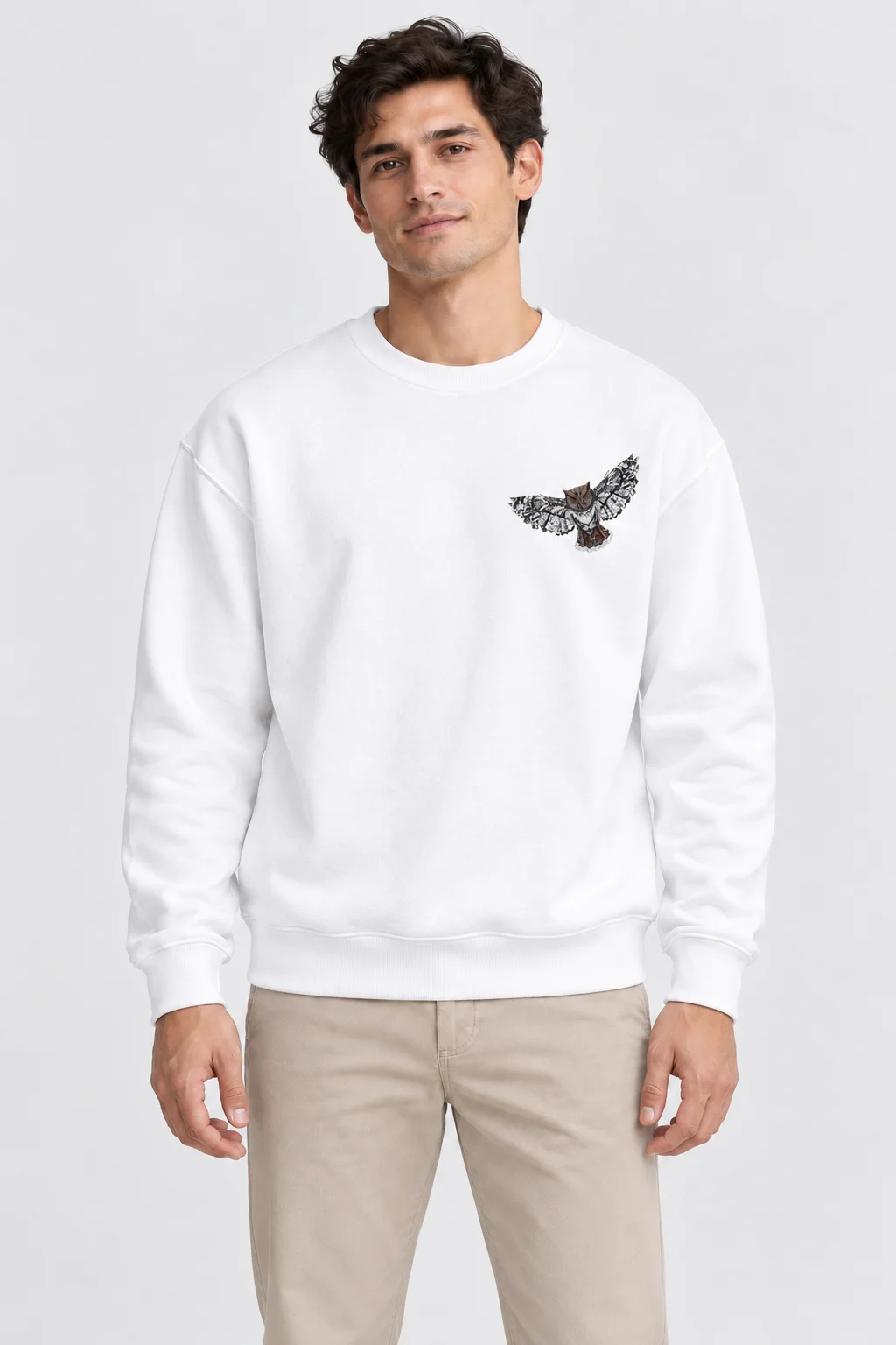 Baykuş Baskılı Beyaz Sweatshirt