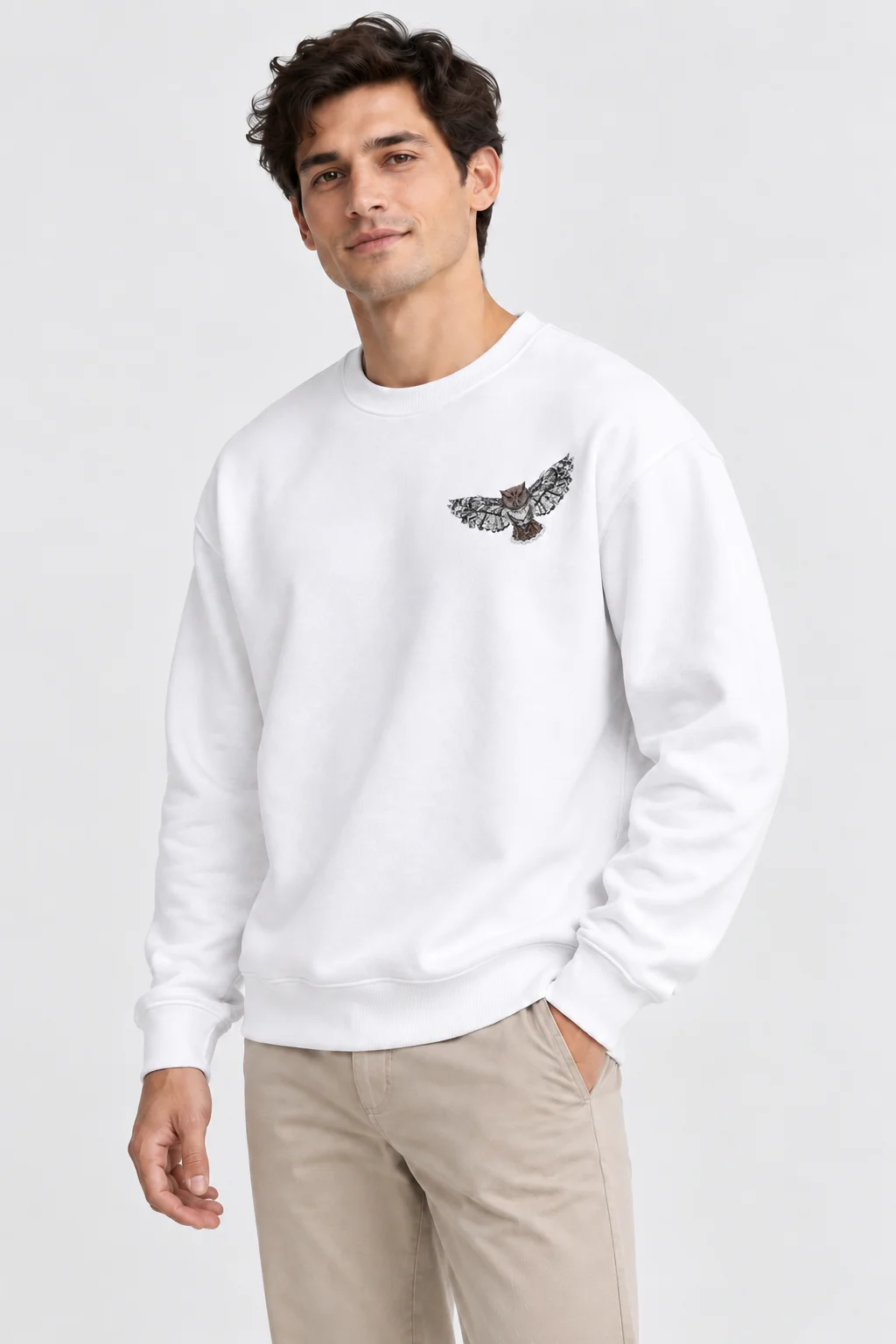 Baykuş Baskılı Beyaz Sweatshirt