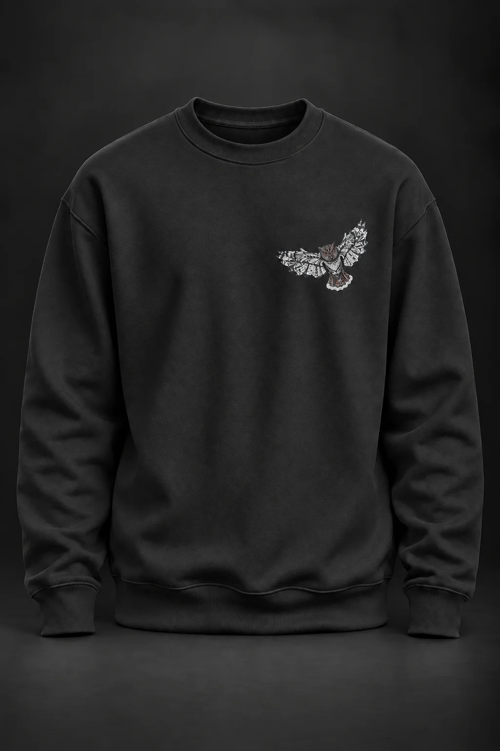 Baykuş Baskılı Siyah Sweatshirt