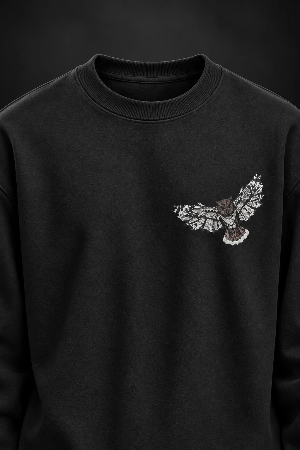Baykuş Baskılı Siyah Sweatshirt