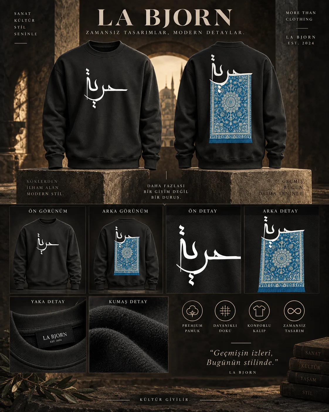 Mavi Halı Kaligrafi Siyah Baskılı Sweatshirt