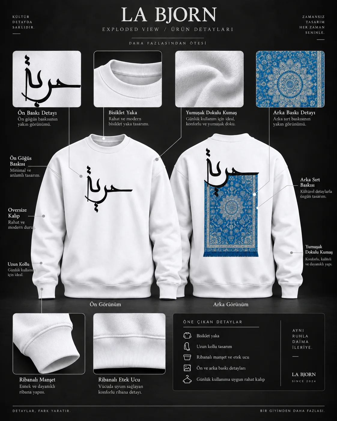 Mavi Halı Kaligrafi Beyaz Baskılı Sweatshirt