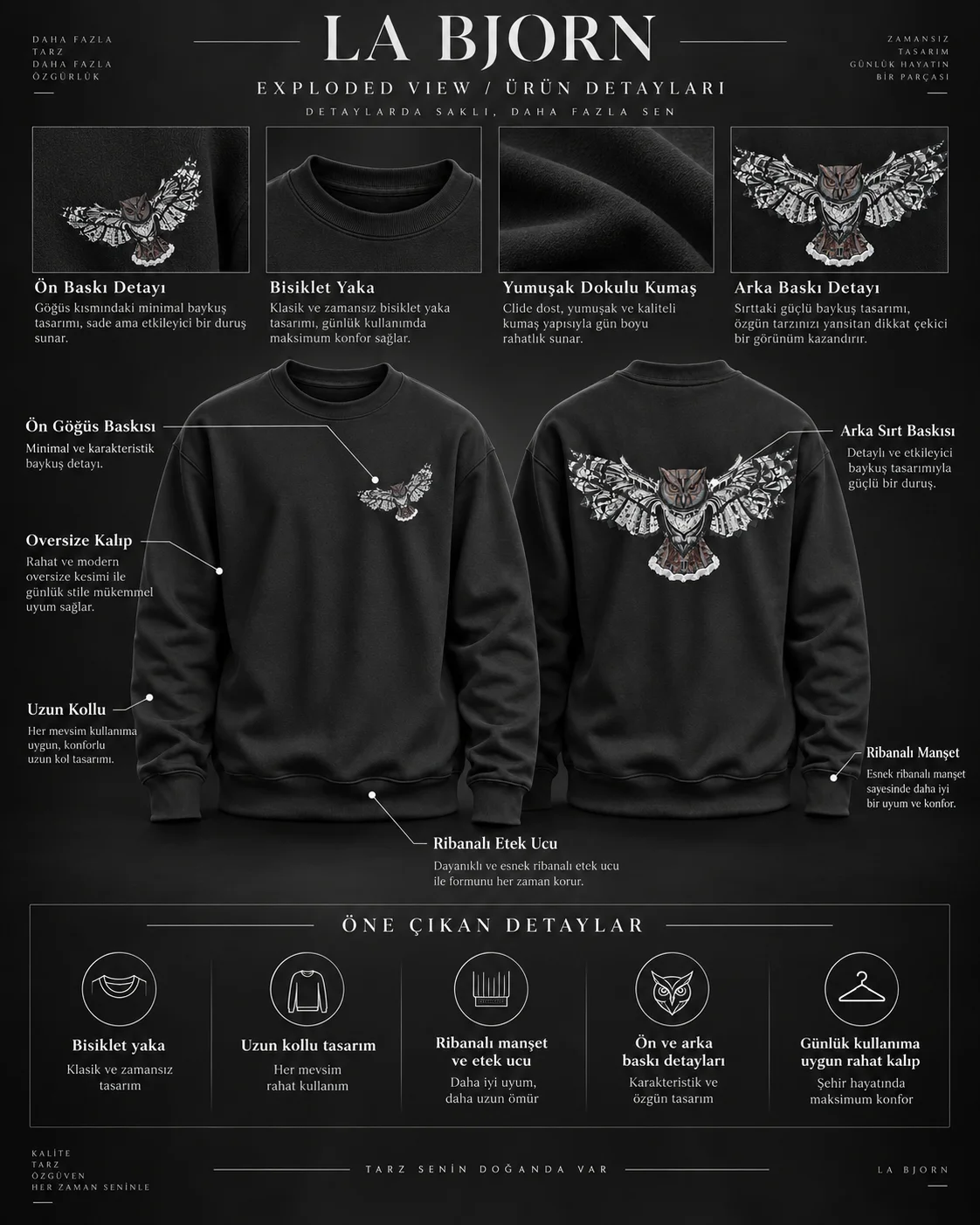 Baykuş Baskılı Siyah Sweatshirt