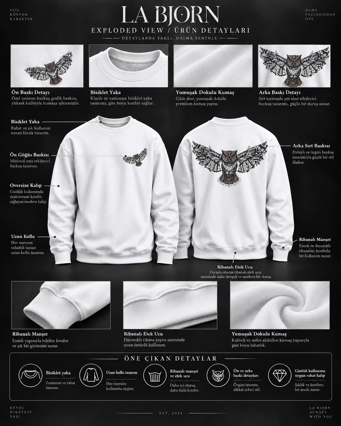 Baykuş Baskılı Beyaz Sweatshirt