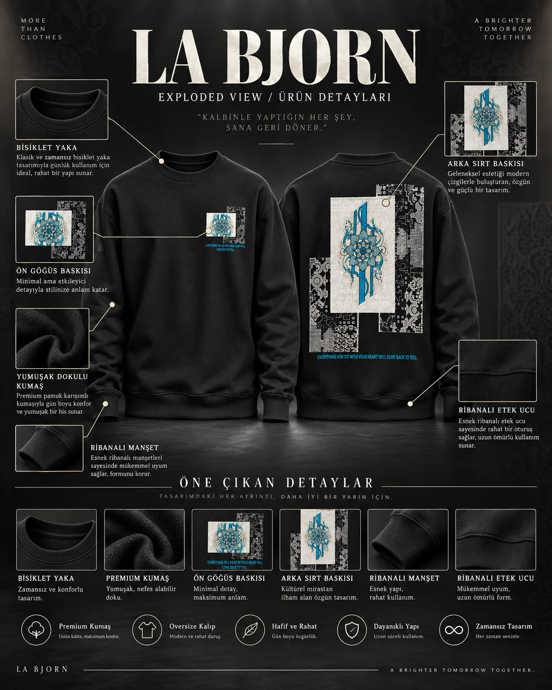 Anadolu Çini Baskılı Siyah Sweatshirt