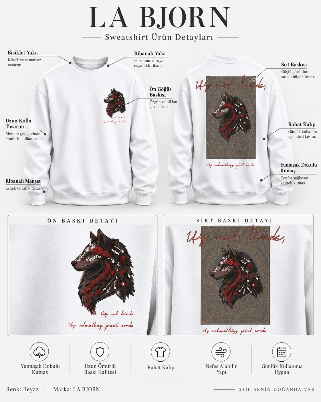 Kurt Baskılı Beyaz Sweatshirt