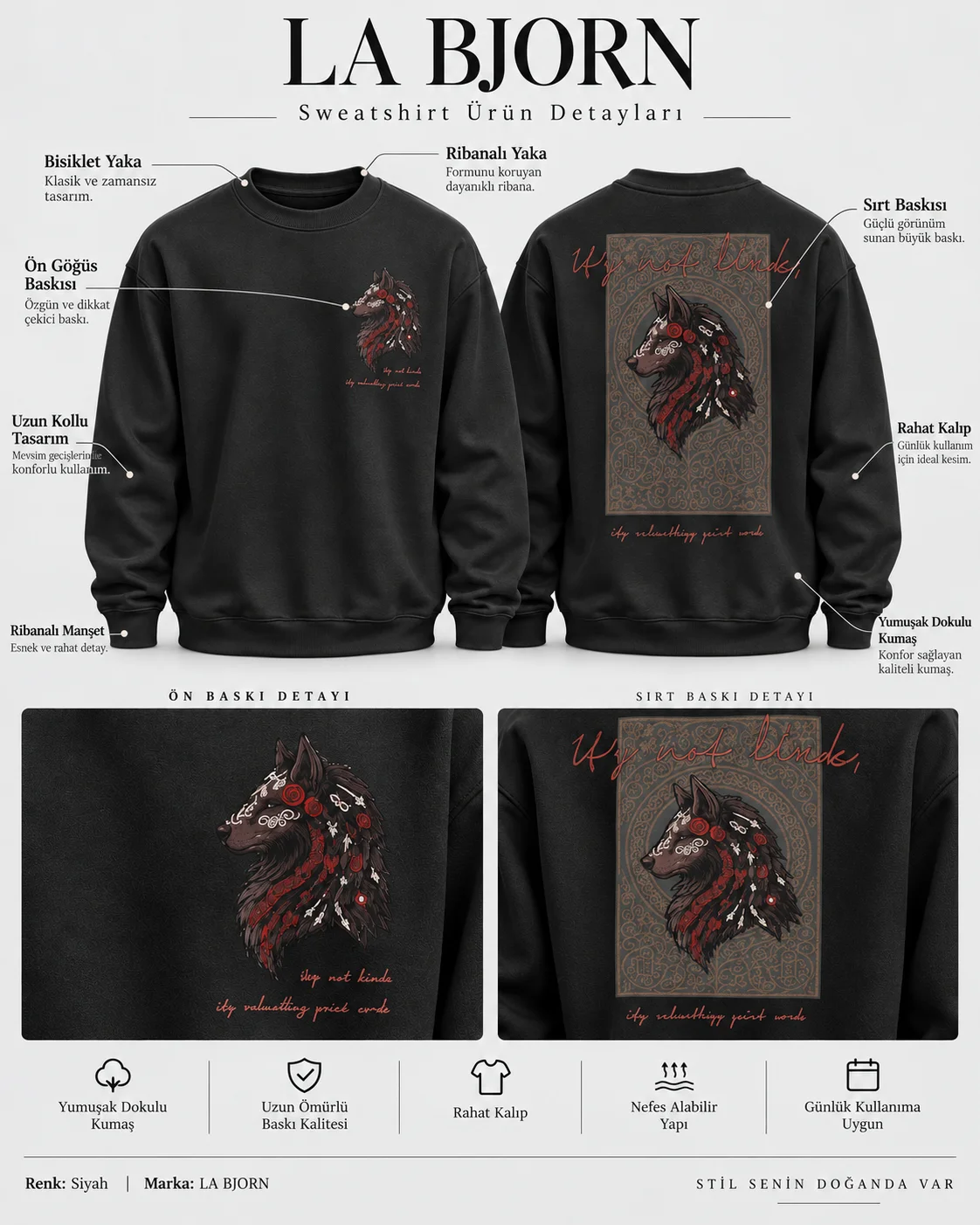 Kurt Baskılı Siyah Sweatshirt